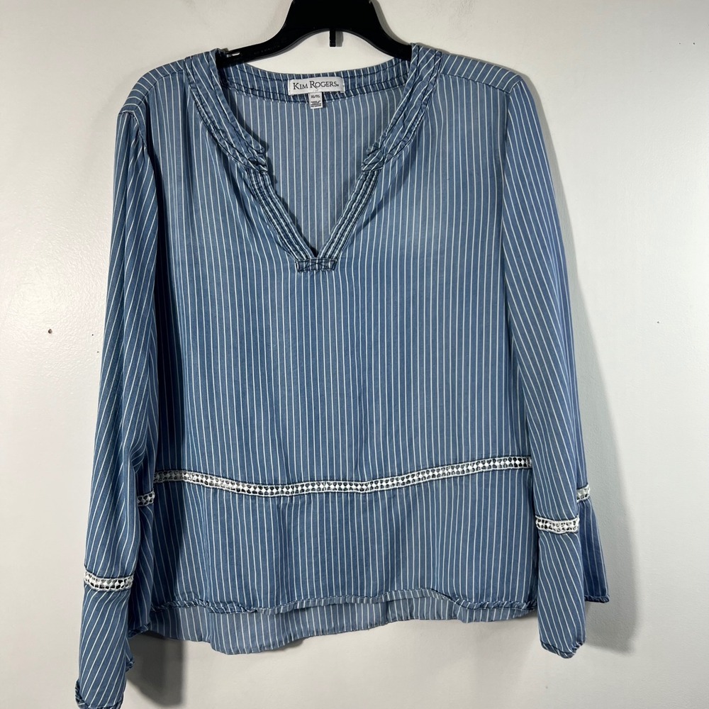 Womens Kim Rogers V‎ Neck Striped Boho Peplum Tunic Cutout Detail Bell Sleeve XL